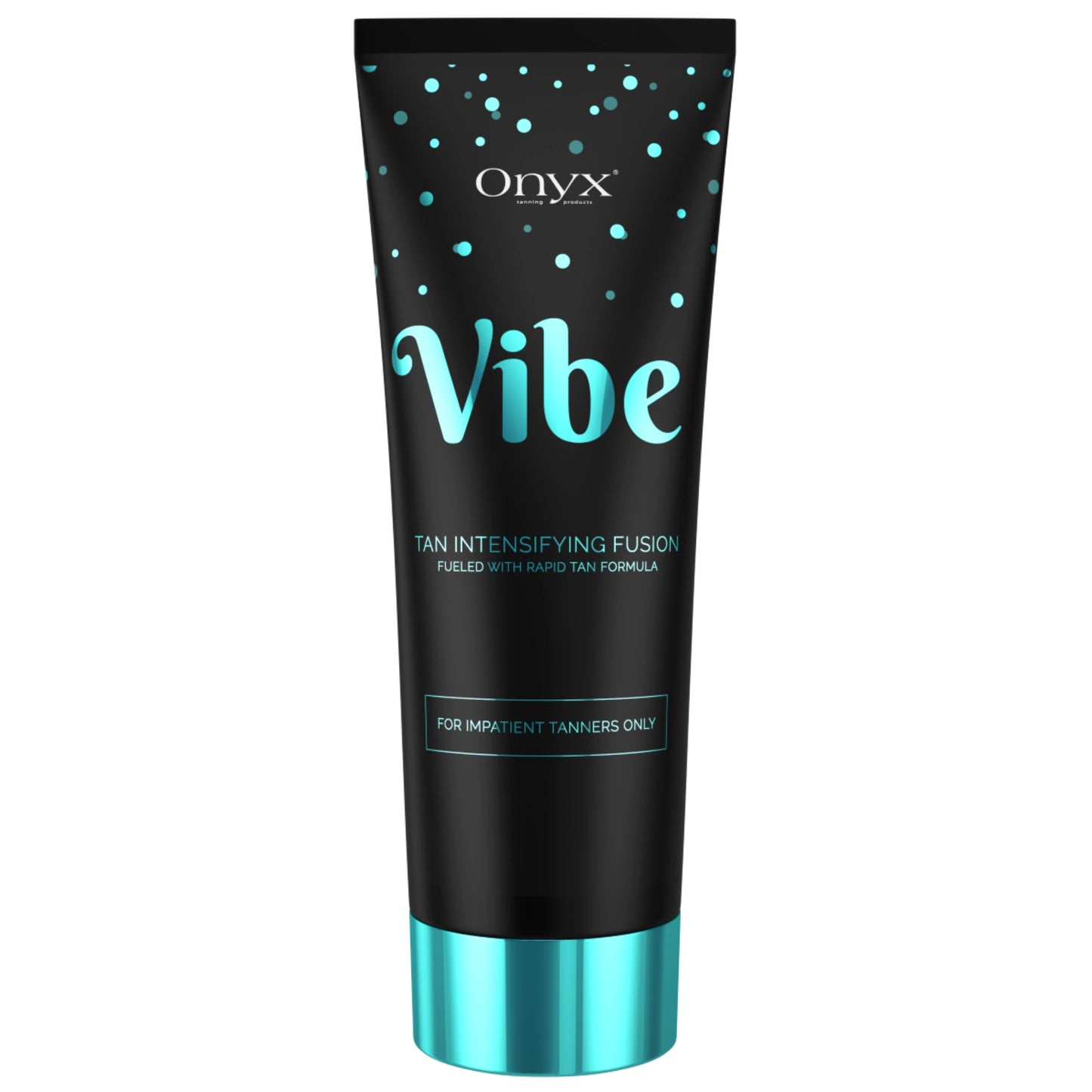Produktabbildung der Onyx Vibe Tanning Creme mit türkisfarbenem Design – beschleunigende Bräunungslotion für Sonnenbanknutzerinnen, ideal für schnelle, intensive Bräune ohne Bräunungsstreifen