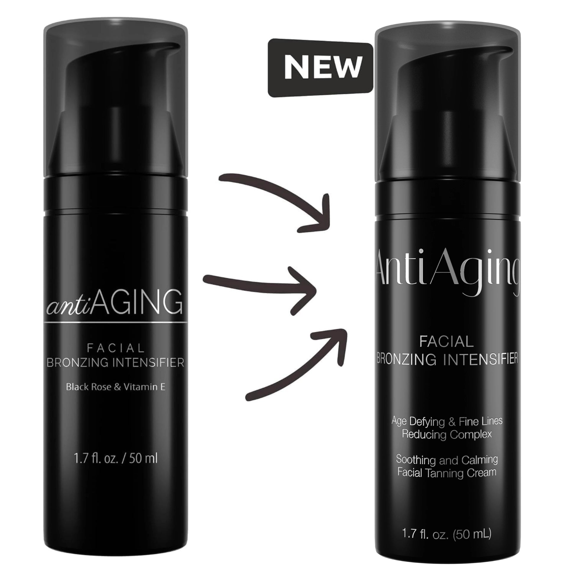Vergleich des alten und neuen Designs der Onyx Anti-Aging Facial Bronzing Intensifier Flasche mit Pfeilen und Beschriftung