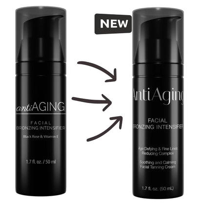 Vergleich des alten und neuen Designs der Onyx Anti-Aging Facial Bronzing Intensifier Flasche mit Pfeilen und Beschriftung