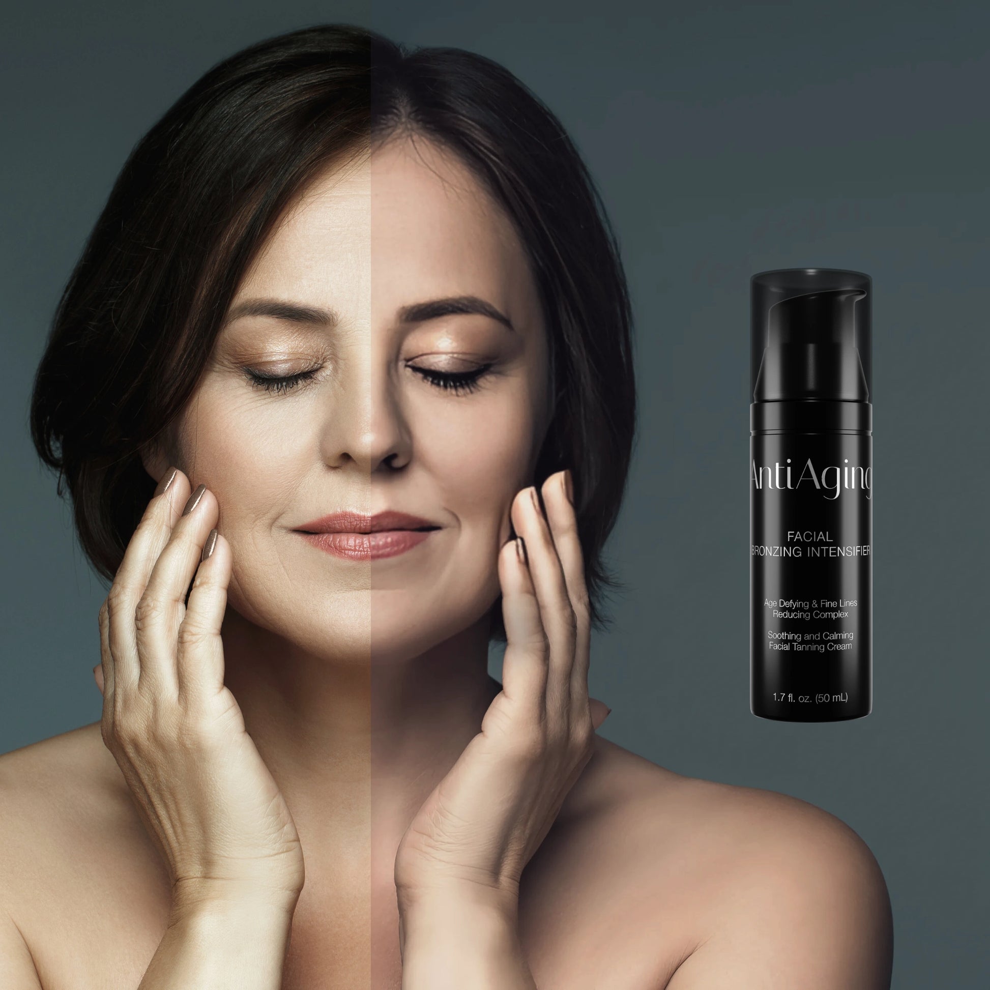 Eine Frau zeigt den Vorher-Nachher-Effekt der Onyx Anti-Aging Facial Bronzing Intensifier Creme mit halb gebräuntem Gesicht