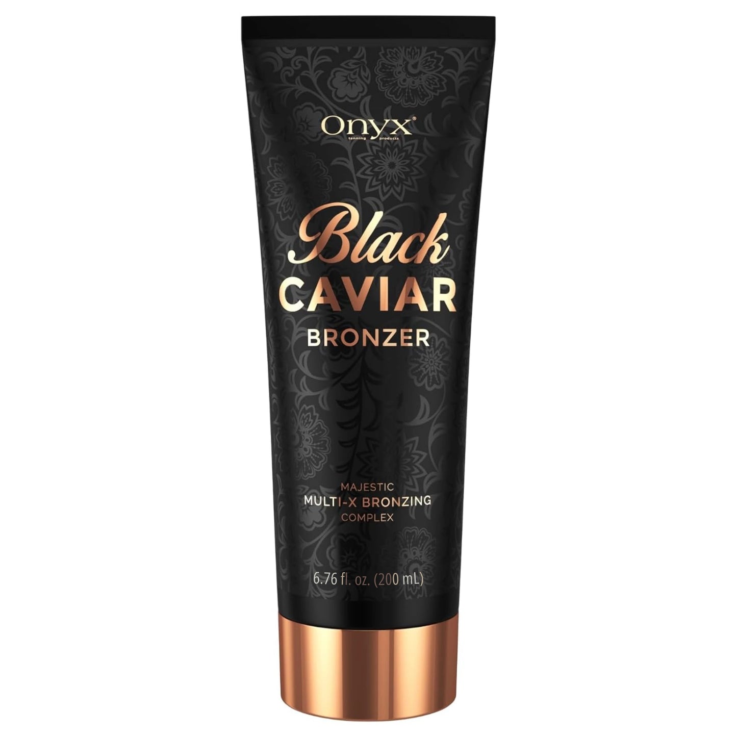 Schwarze Tube Onyx Black Caviar Bräunungslotion steht aufrecht und zeigt die Vorderseite des Designs