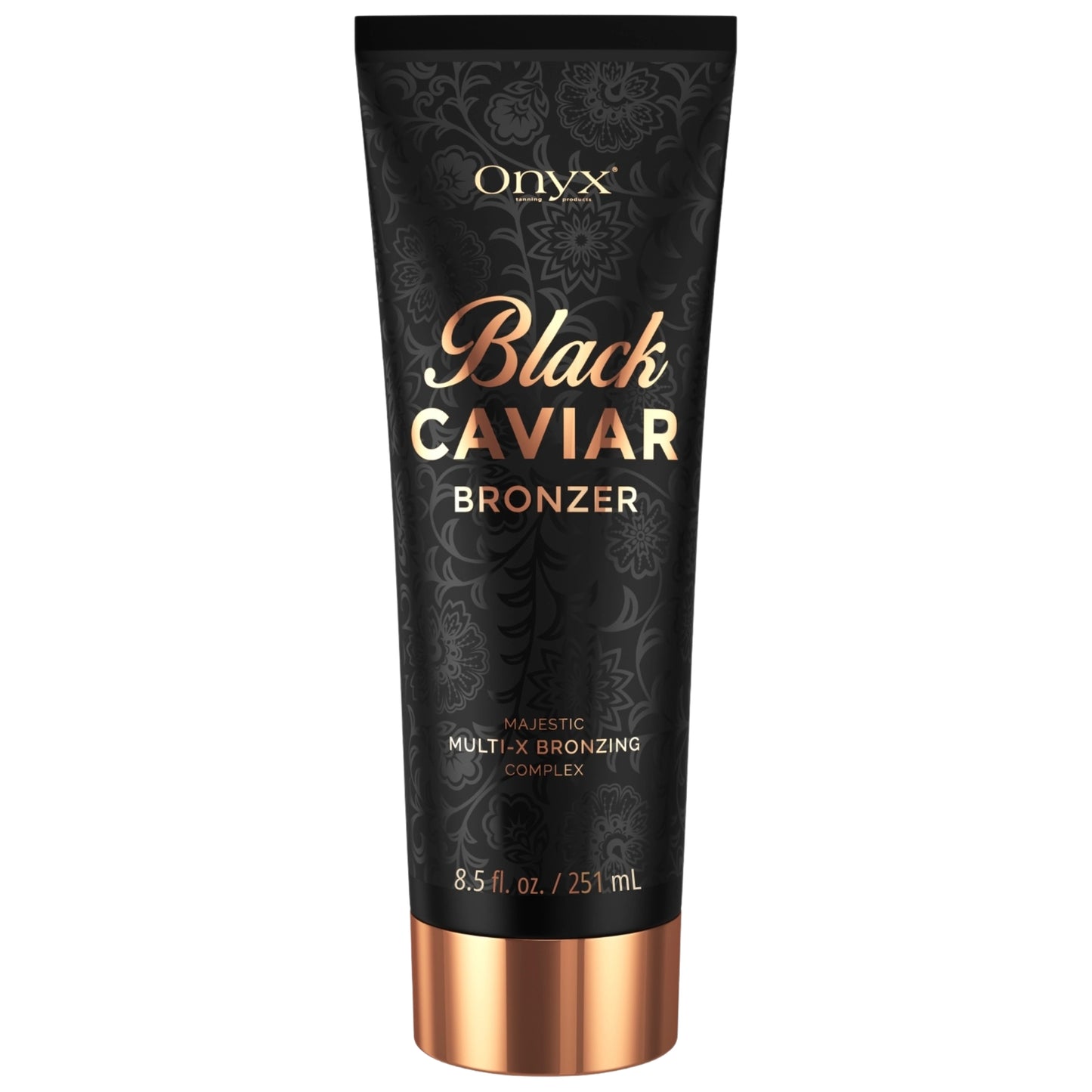 Sonnenbank Bronzer, schwarze 251 ml Tube Onyx Black Caviar auf weißem Hintergrund