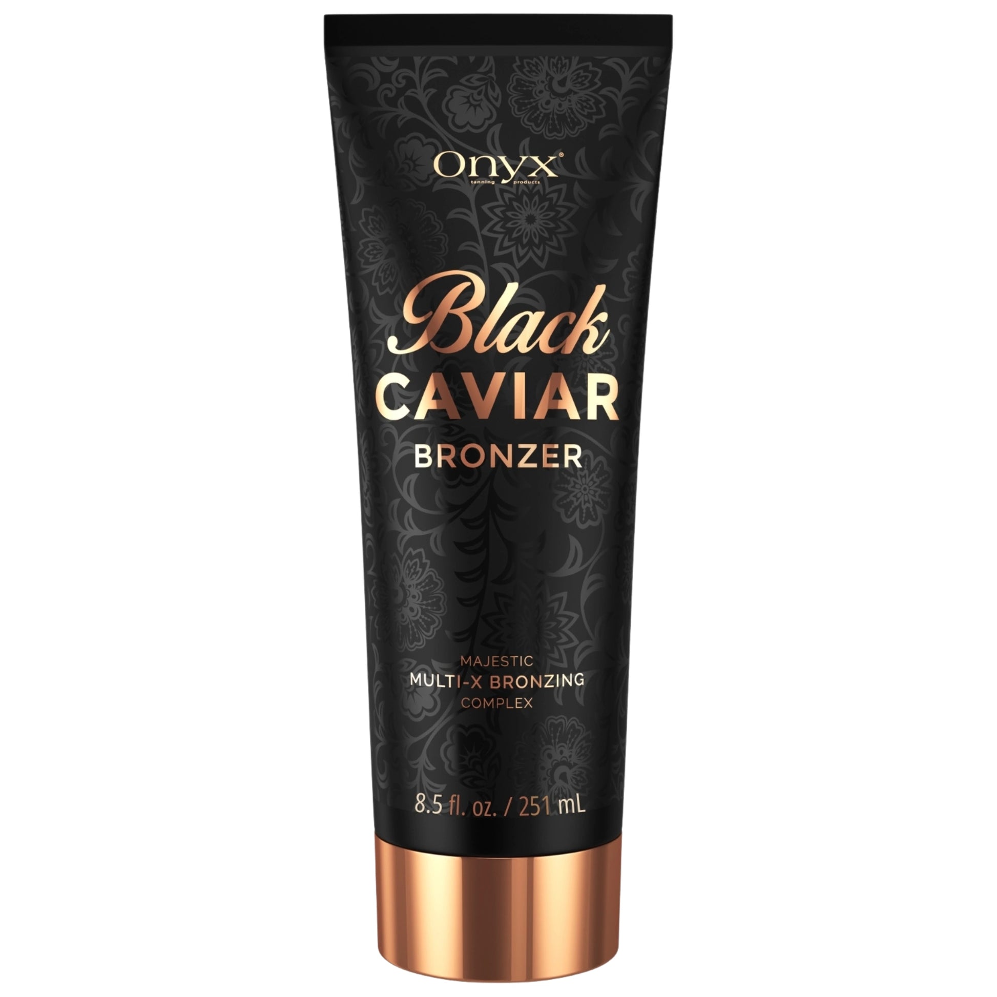 Sonnenbank Bronzer, schwarze 251 ml Tube Onyx Black Caviar auf weißem Hintergrund