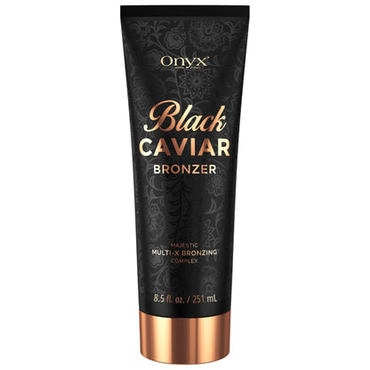 Sonnenbank Bronzer, schwarze 251 ml Tube Onyx Black Caviar auf weißem Hintergrund