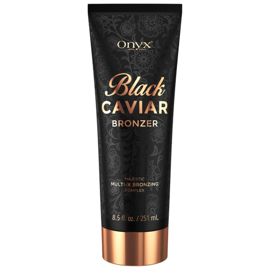 Sonnenbank Bronzer, schwarze 251 ml Tube Onyx Black Caviar auf weißem Hintergrund