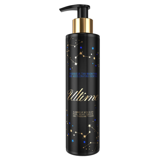 Onyx Ultime Bräunungscreme in schwarzer Pumpflasche mit goldenen Akzenten und Sternbild-Design, freigestellt auf weißem Hintergrund