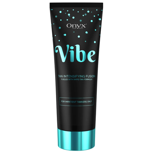 Produktabbildung der Onyx Vibe Tanning Creme mit türkisfarbenem Design – beschleunigende Bräunungslotion für Sonnenbanknutzerinnen, ideal für schnelle, intensive Bräune ohne Bräunungsstreifen